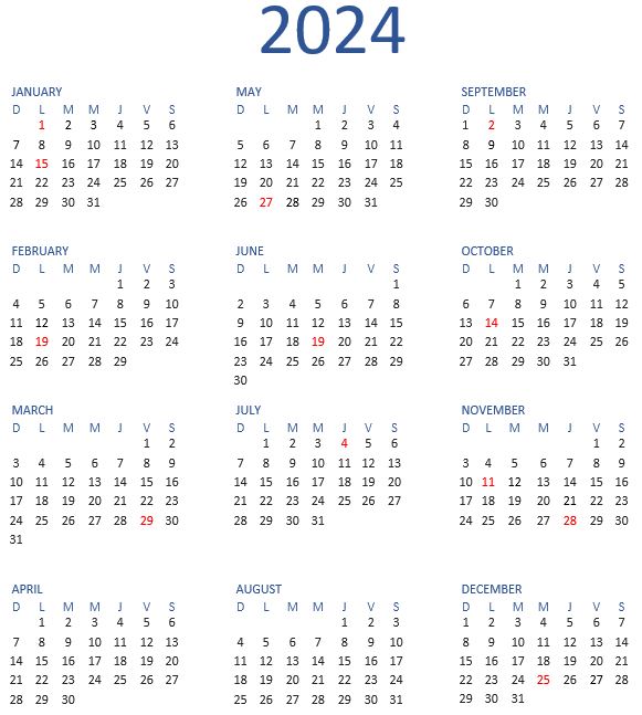 Calendario 2024 Inlges nuevo